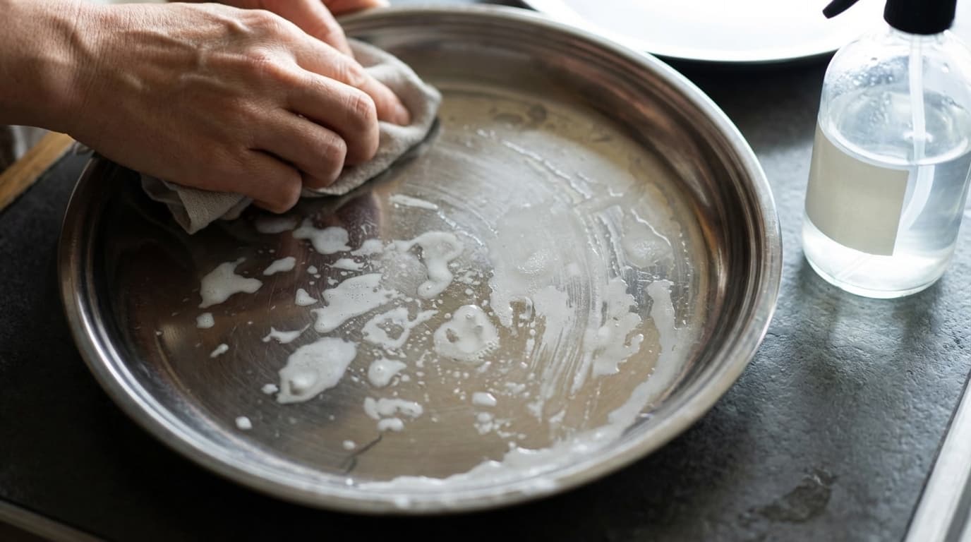 stainless steel surface with cloudy water spots being cleaned with cloth and vinegar