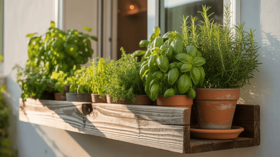 sun-drenched balcony herb wall with lush herbs in terracotta pots rattan chair cream throw and string lights above