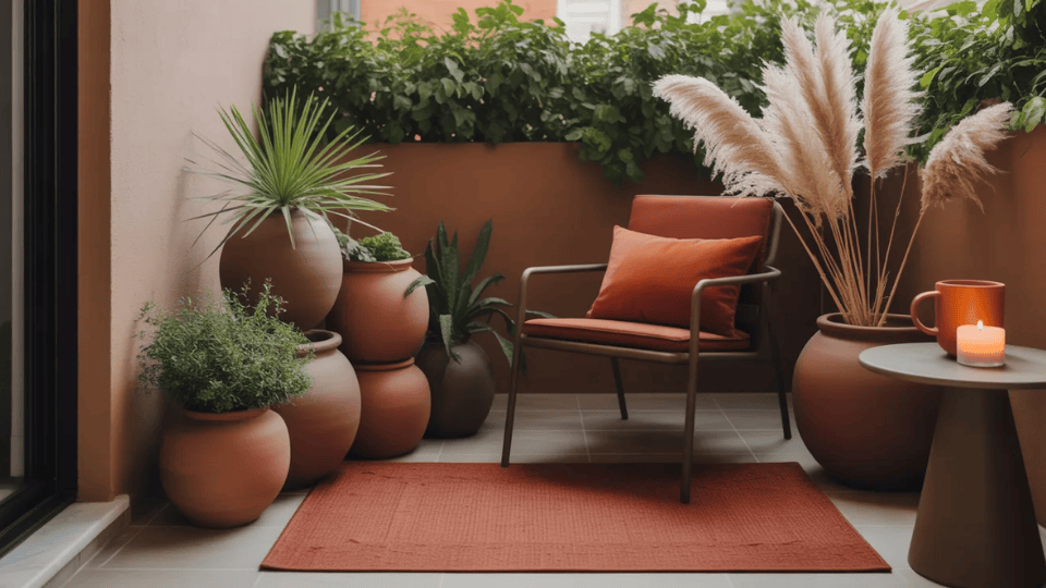 terracotta monochrome balcony with rust pots chair cushion clay rug pampas grass and burnt orange mug in daylight