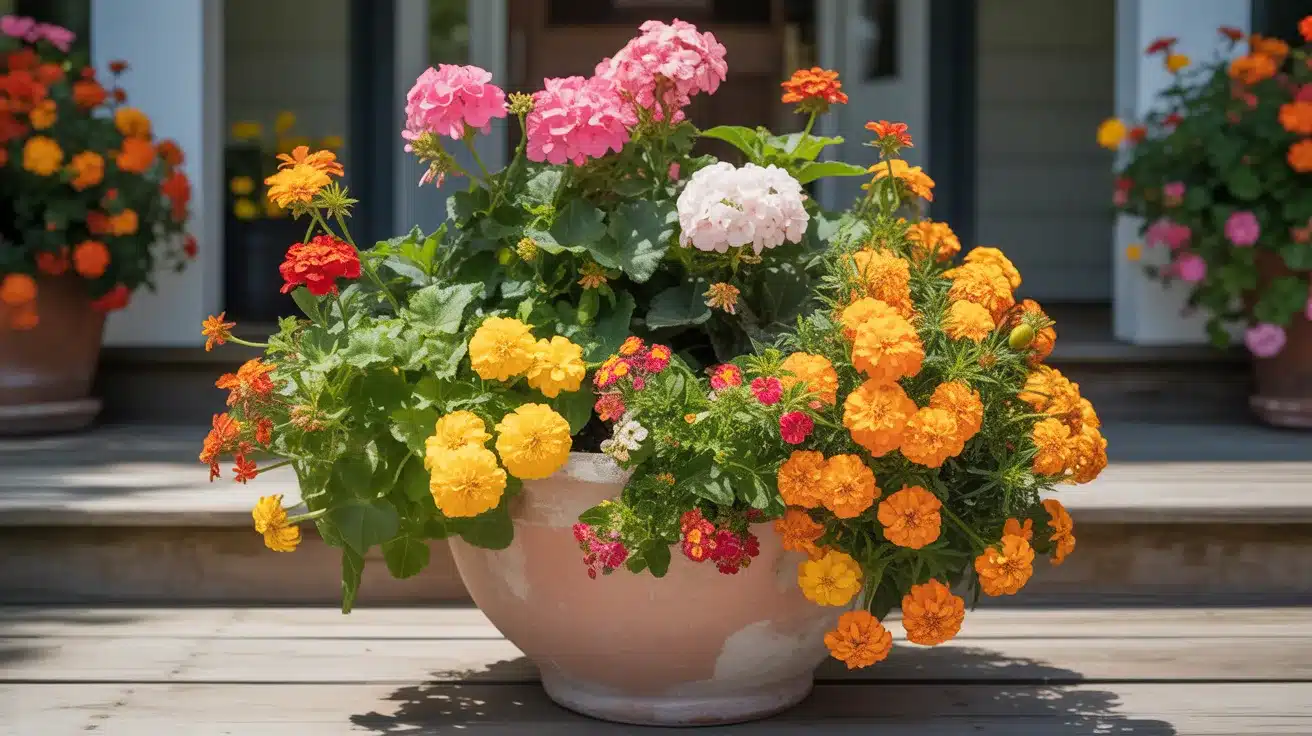 terracotta or ceramic planter overflows with heat-loving blooms including bright orange and yellow marigolds