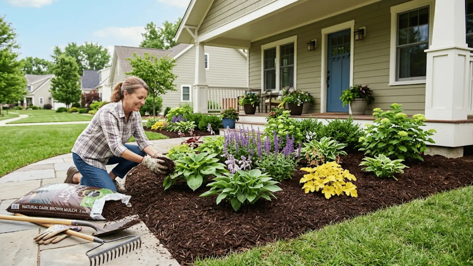 there a woman working for front yard landscaping with soli and planting it