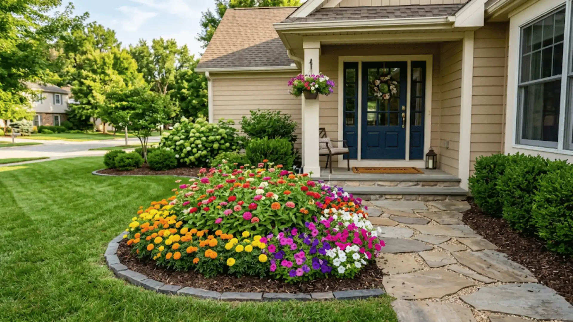there is one bright flower bed with vibrant color flowers almost next to entry way with a chair there