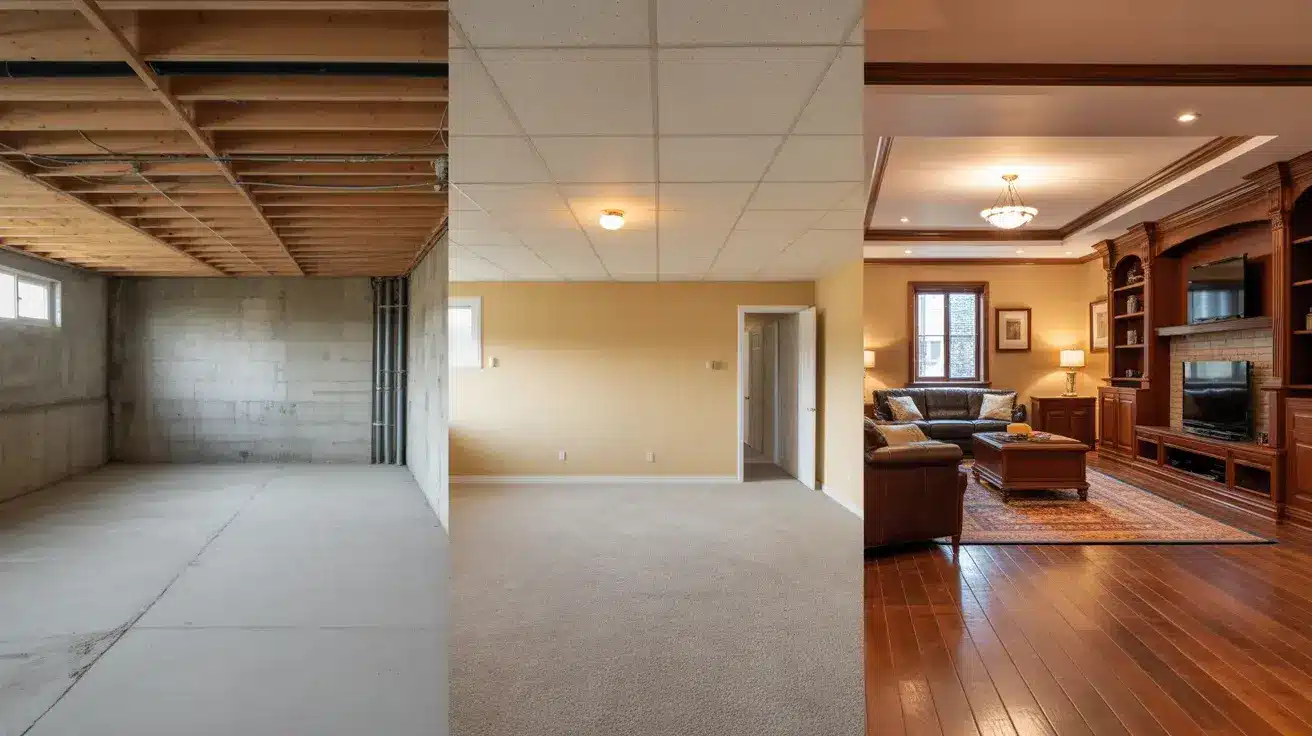 three basement sections showing basic, mid-range, and high-end finishes with increasing detail and features
