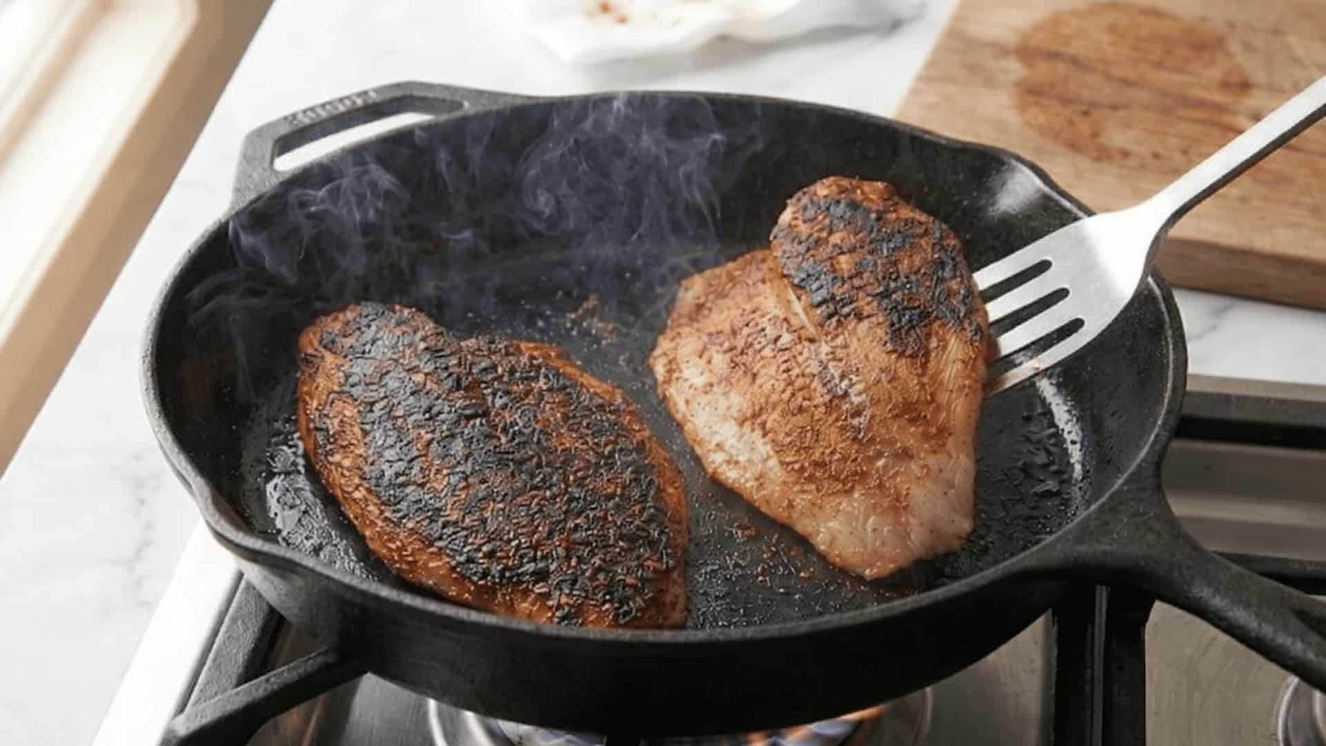 two blackened cajun tilapia fillets sizzling in a cast iron skillet with smoke rising and a spatula nearby