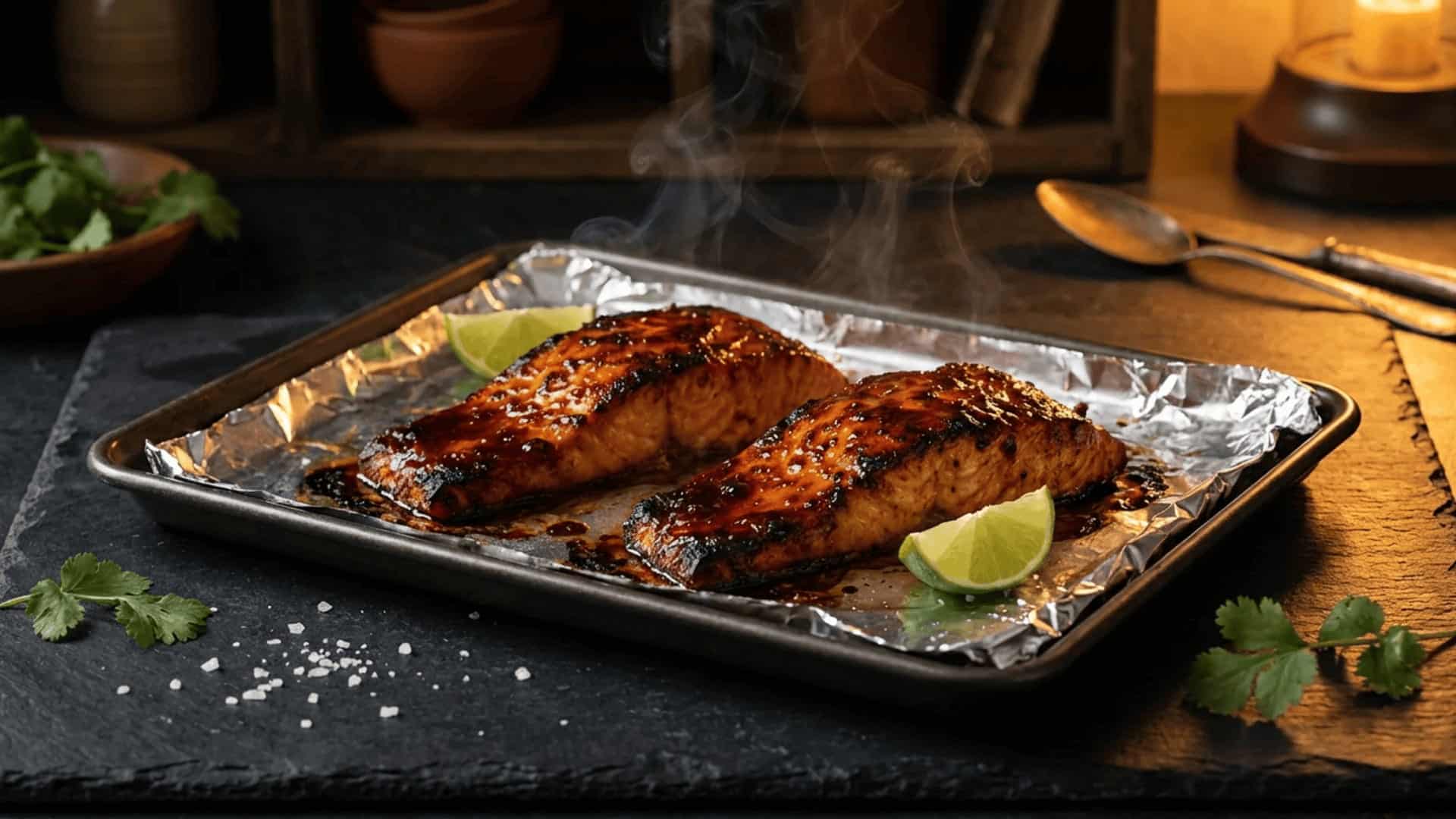 two caramelized sriracha glazed salmon fillets resting on a dark sheet pan with lime wedges on a slate counter