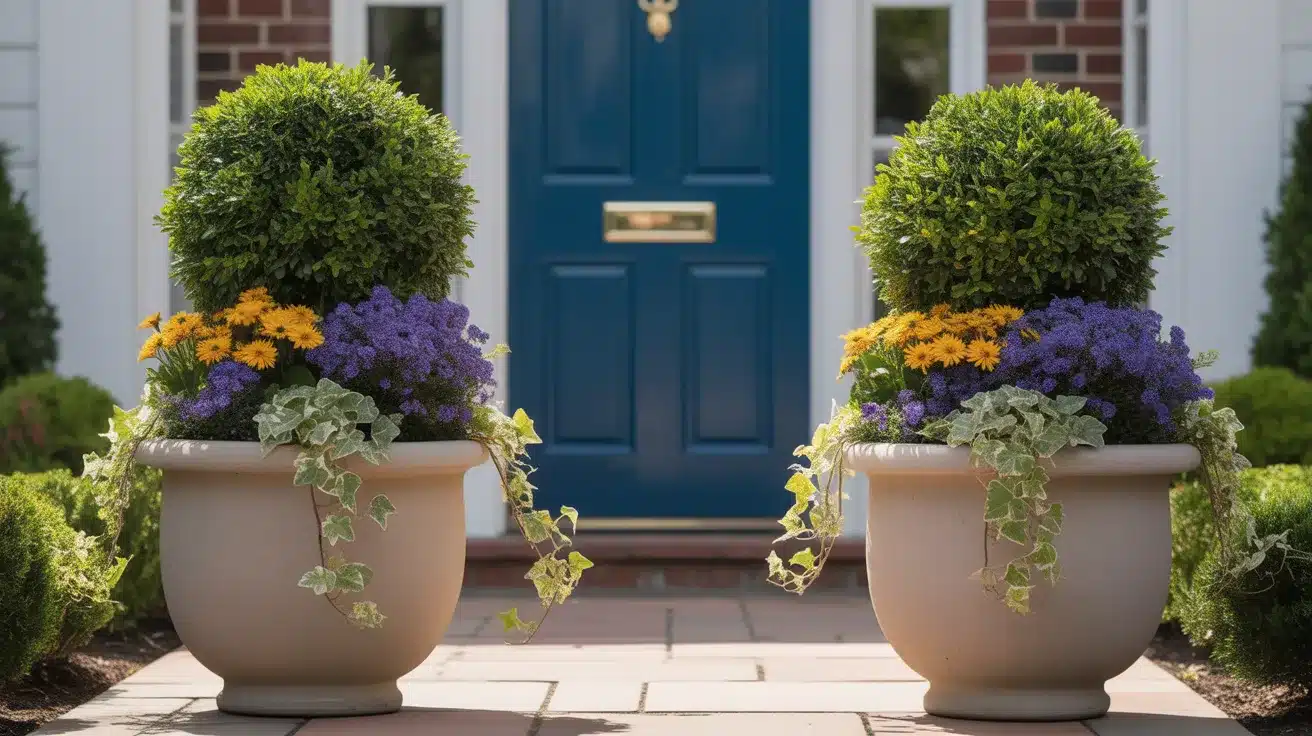 two identical large ceramic planters positioned symmetrically on either side of a front door entryway