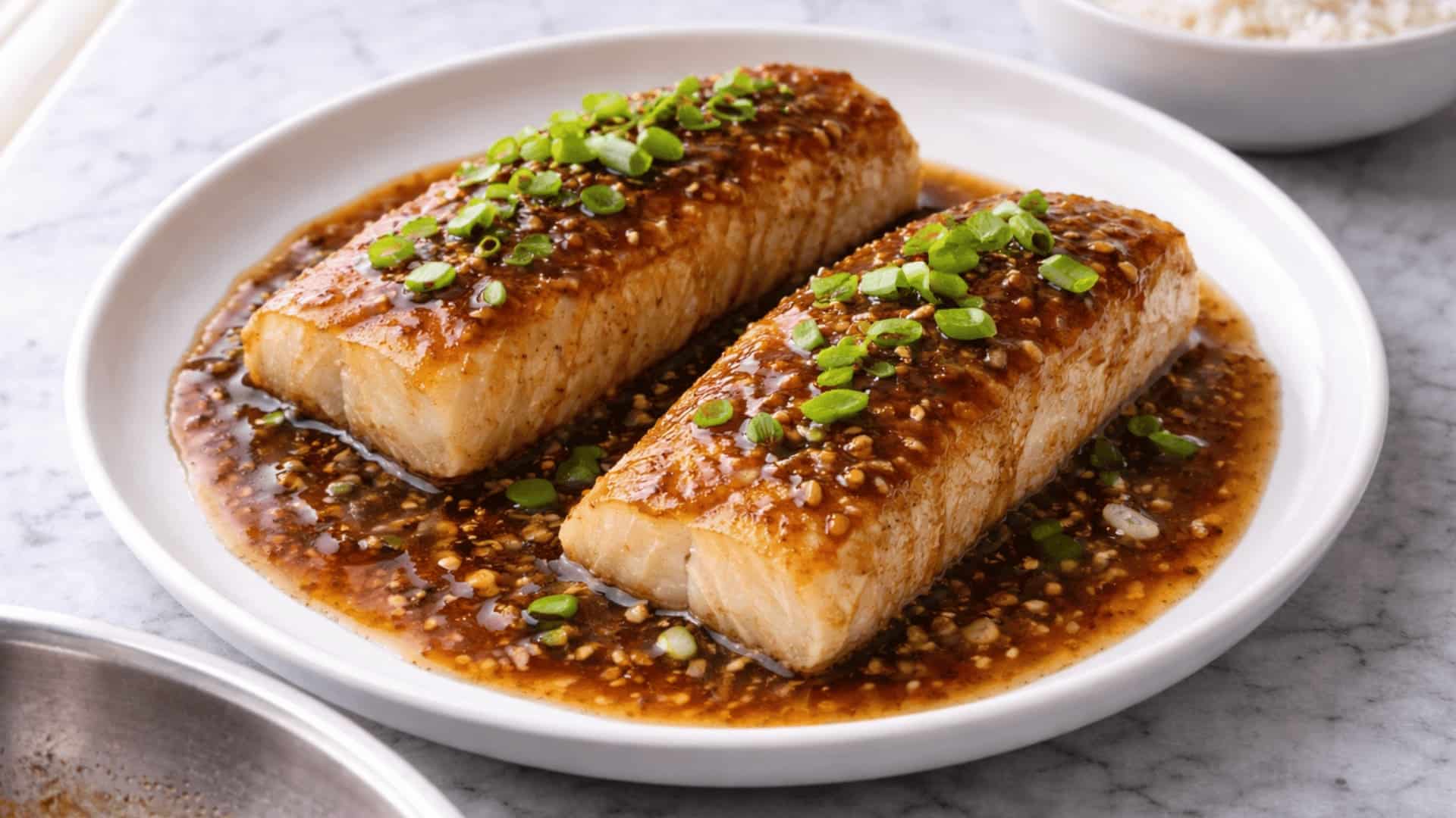 two pan seared cod fillets with ginger soy sauce and sliced green onions served on a white plate