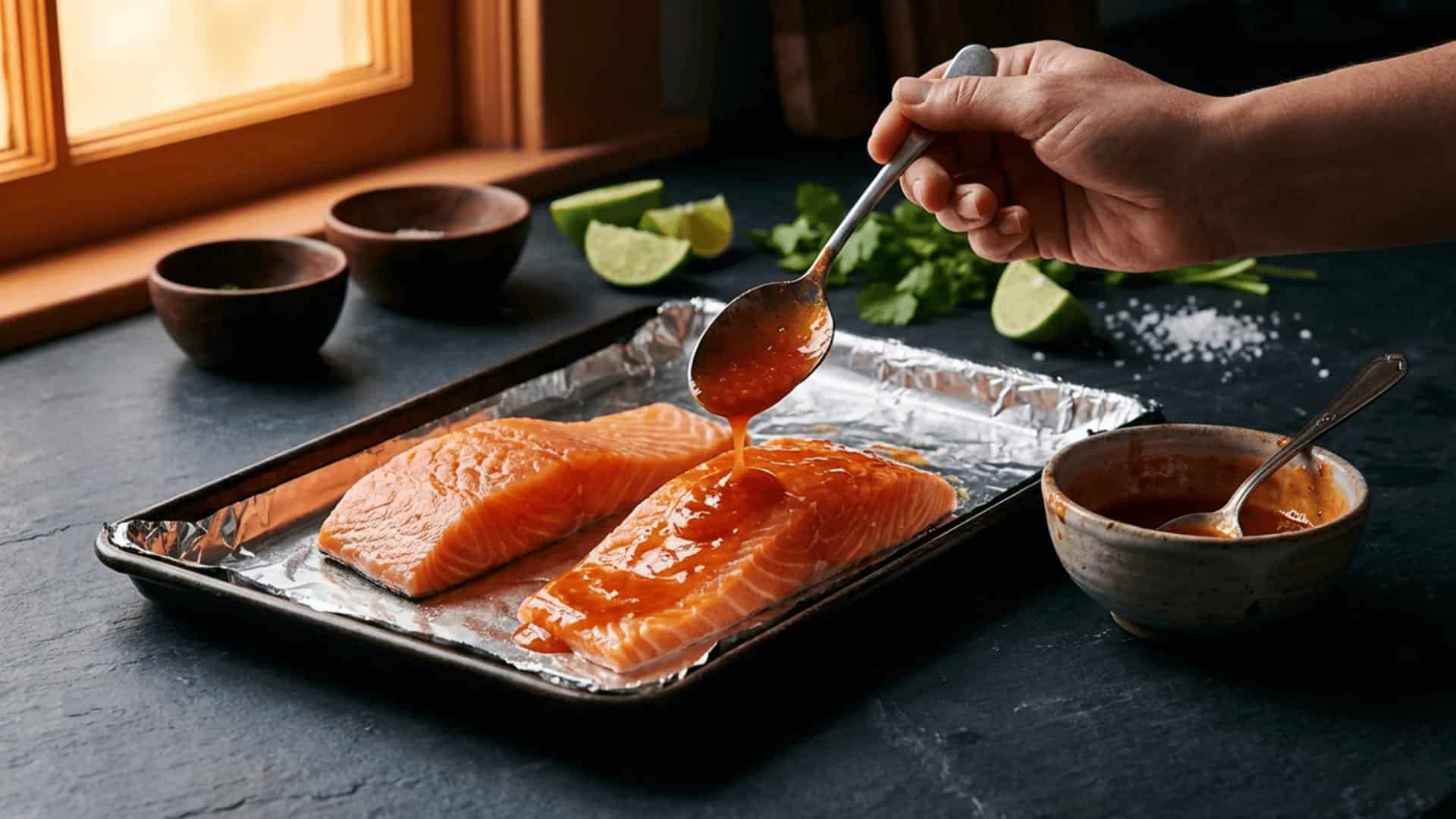 two raw salmon fillets on a foil lined pan being coated with thick glossy sriracha lime glaze on a dark counter