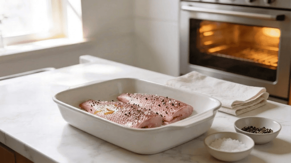two raw snapper fillets in a white ceramic dish being drizzled with olive oil and seasoned with salt