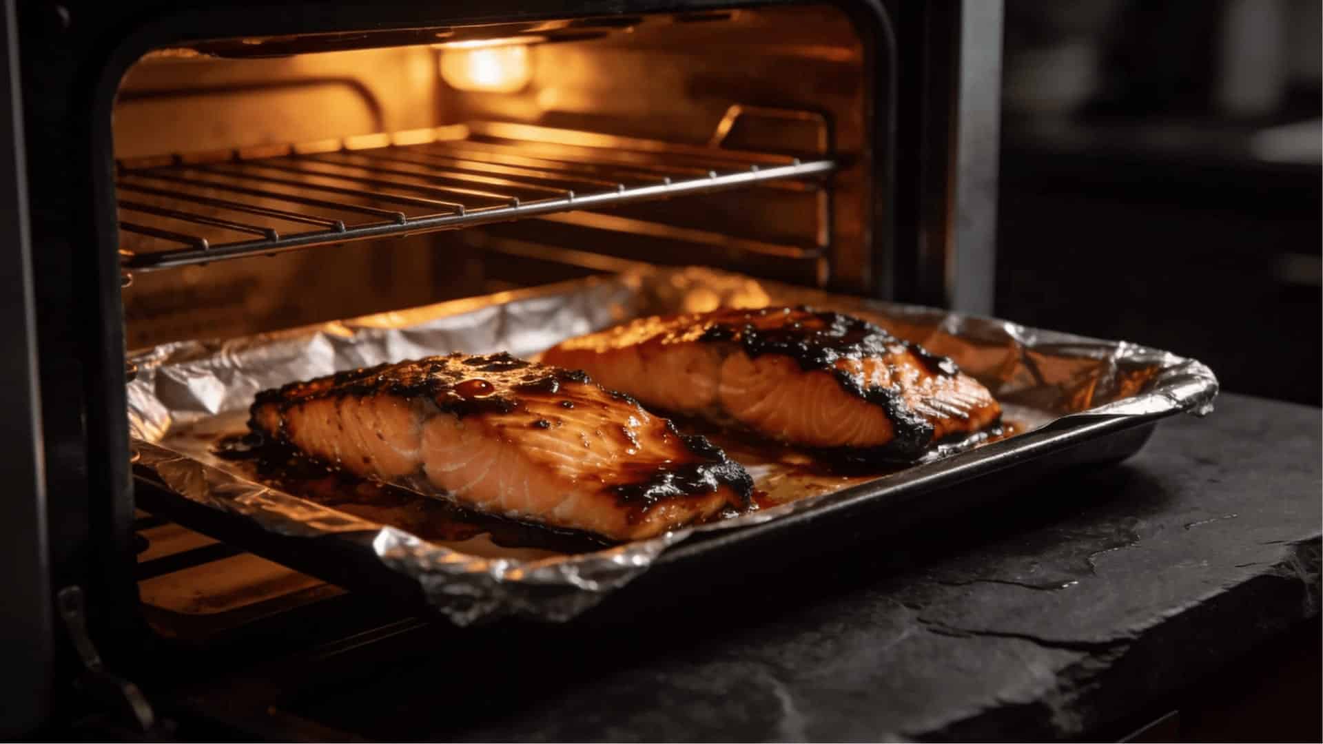 two salmon fillets with caramelized sticky glaze baking on a foil lined dark sheet pan inside a warm oven