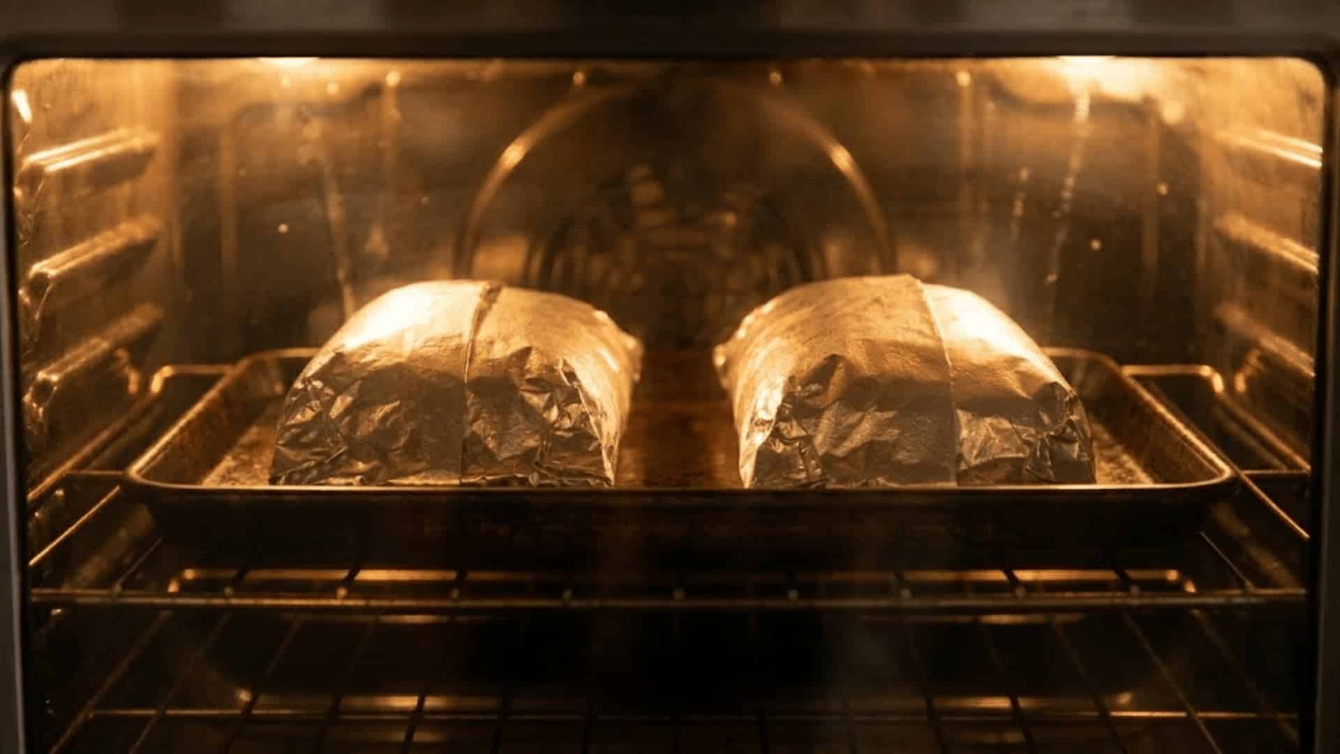 two sealed foil packets sitting on a baking sheet inside a heated oven cooking fish and vegetables