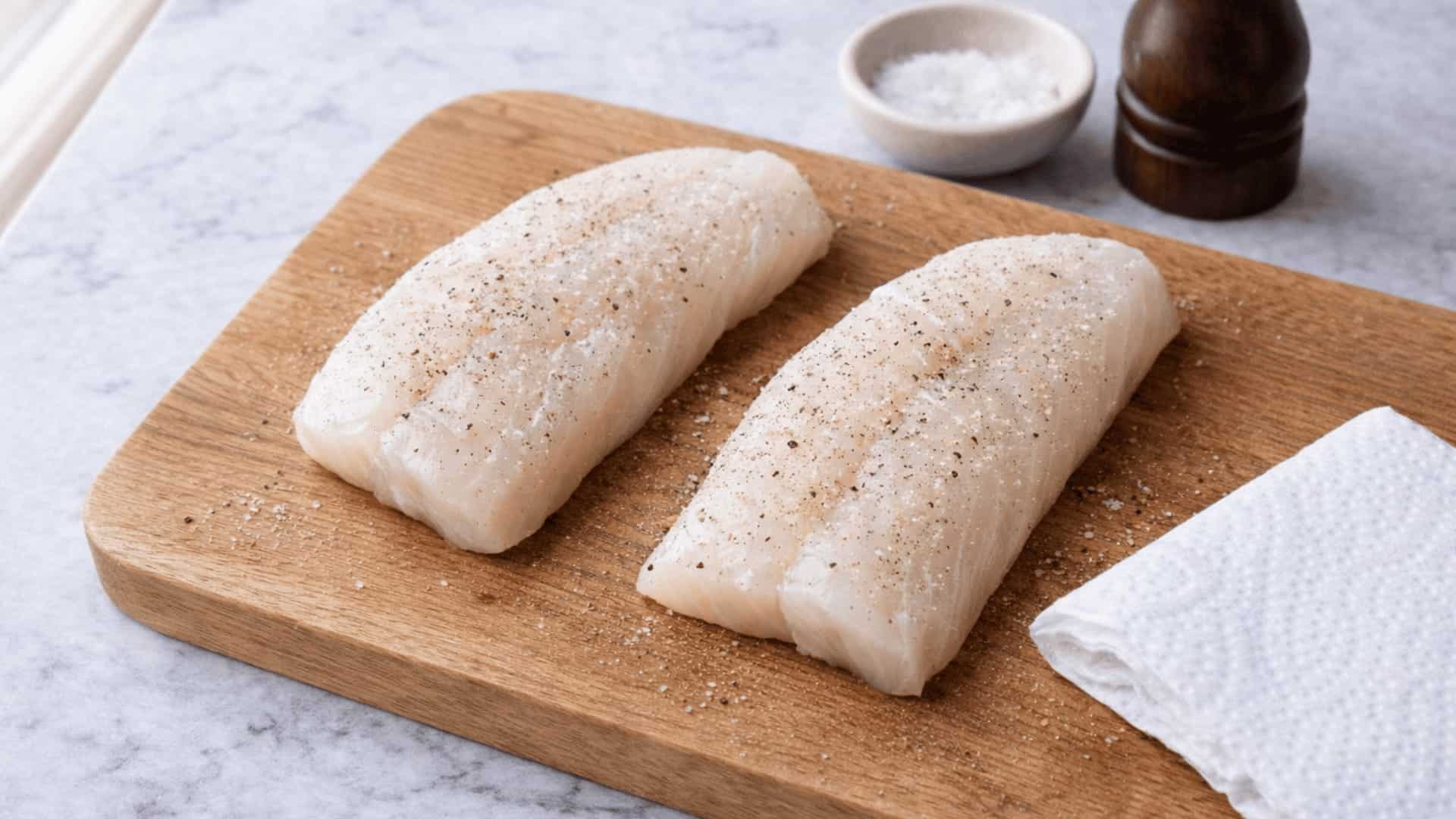 two seasoned raw cod fillets with salt and pepper on a wooden cutting board ready for pan searing