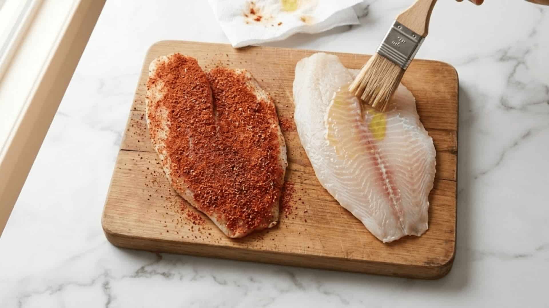 two tilapia fillets on wooden cutting board, one coated in cajun seasoning and one being brushed with olive oil