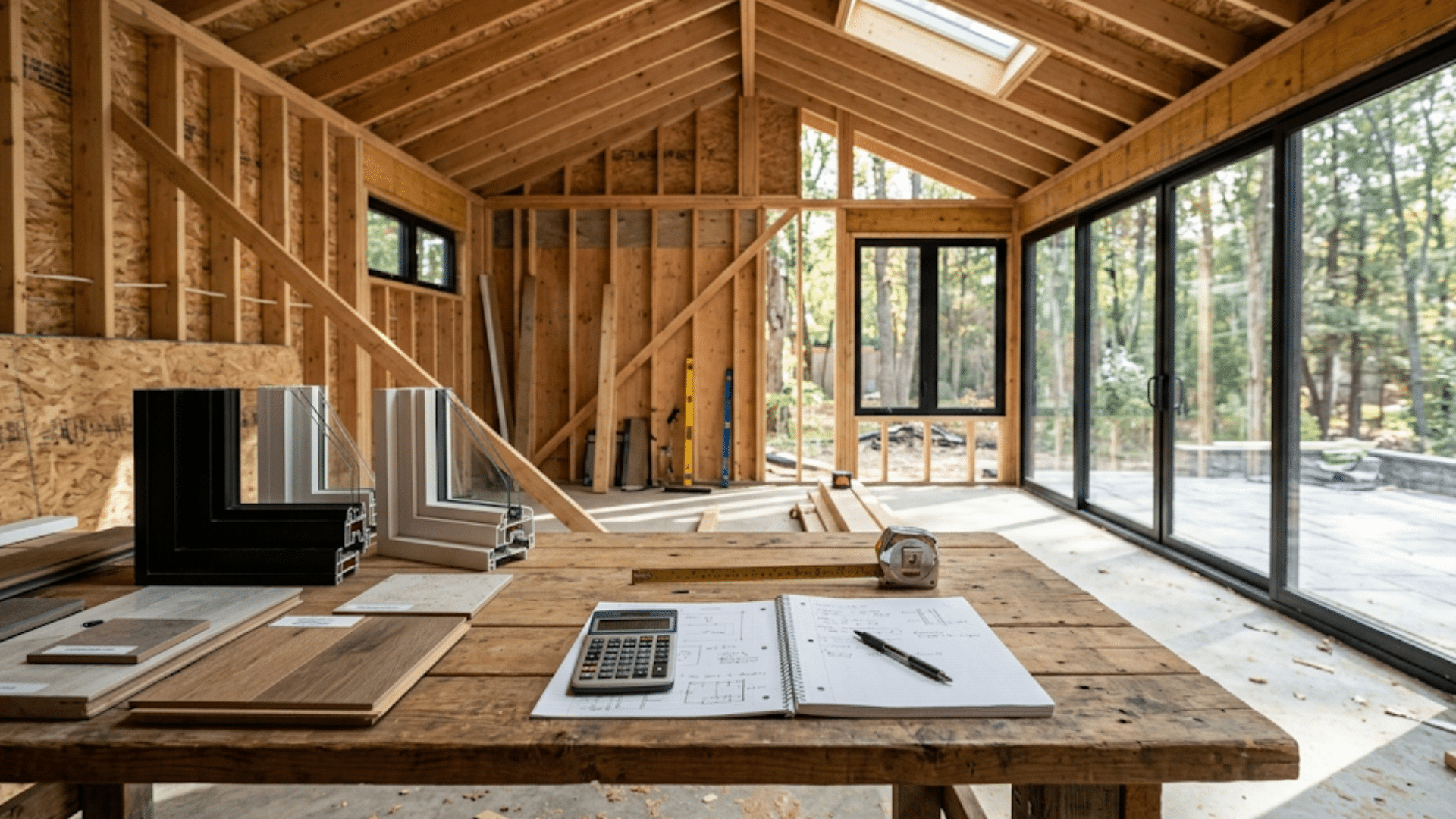 under construction three season room with wooden framing, large glass windows, flooring samples, tools, and planning materials on a work table