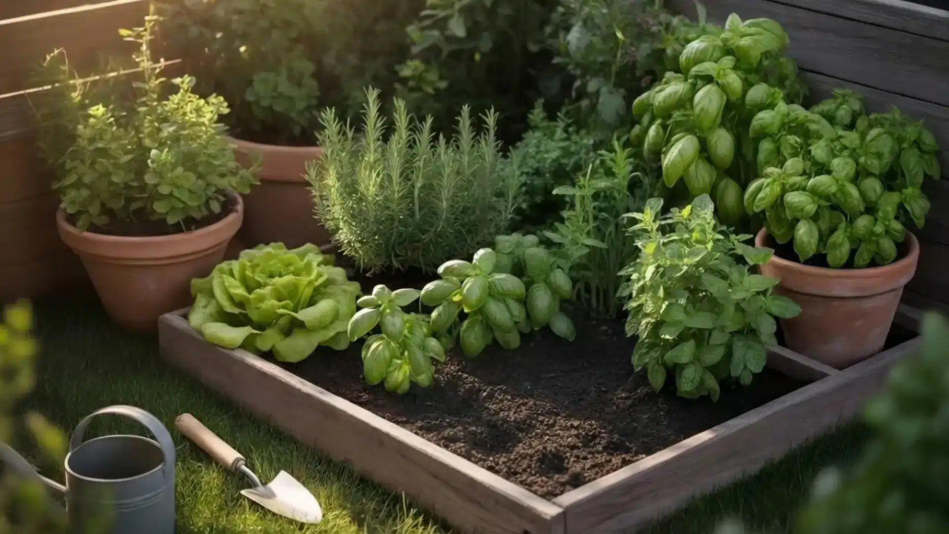 vegetable and herb garden setup in a small raised bed or a few pots, placed in a sunny corner of a backyard. Fresh herbs like basil, rosemary, and mint visible, along with leafy vegetables