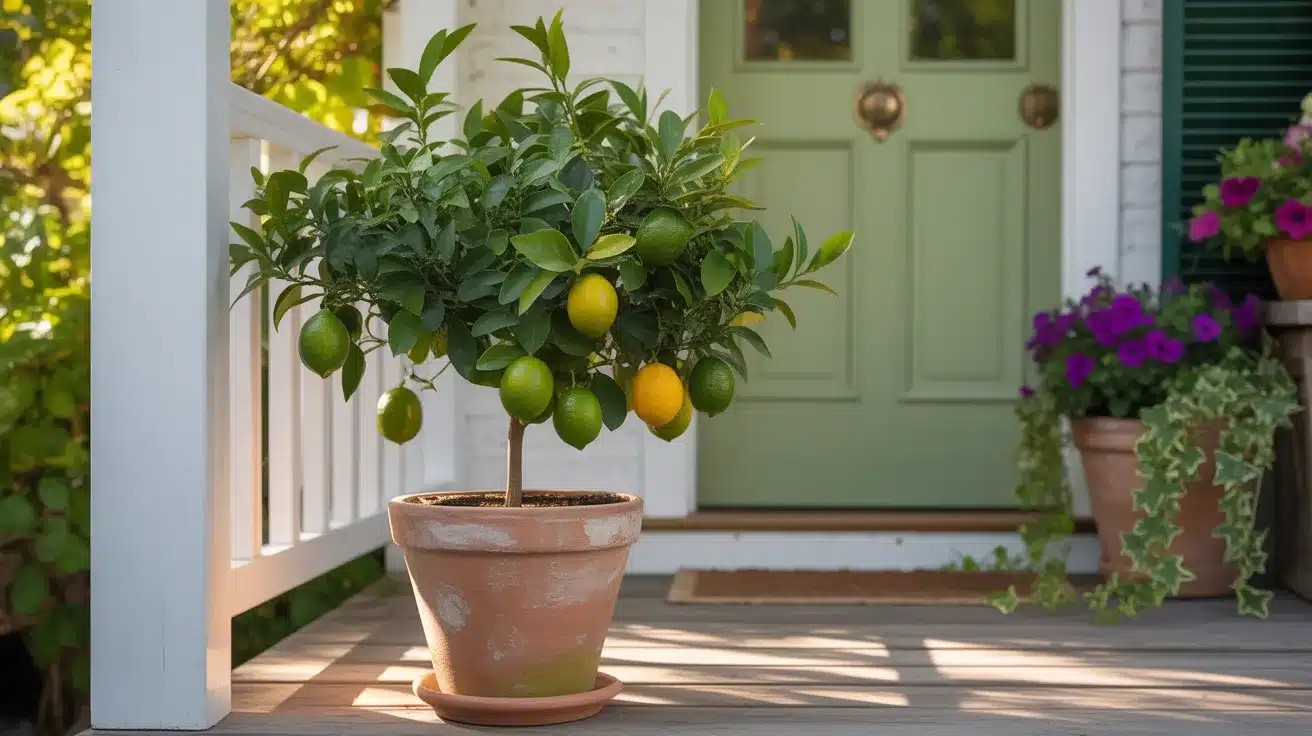 vibrant lemon tree flourishing in a rustic terracotta pot on a welcoming front porch