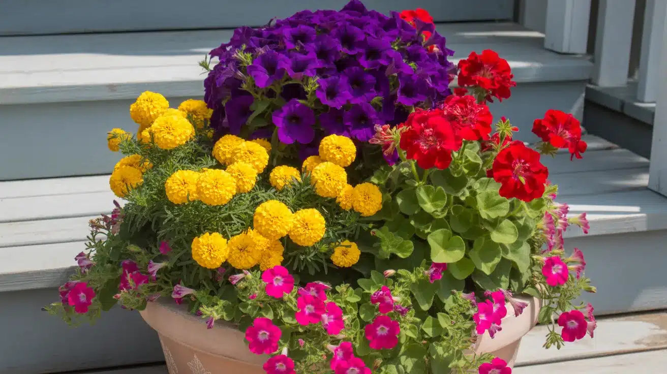 vibrant outdoor planter arrangement featuring bold contrasting colors in a large terracotta pot on a sunny porch