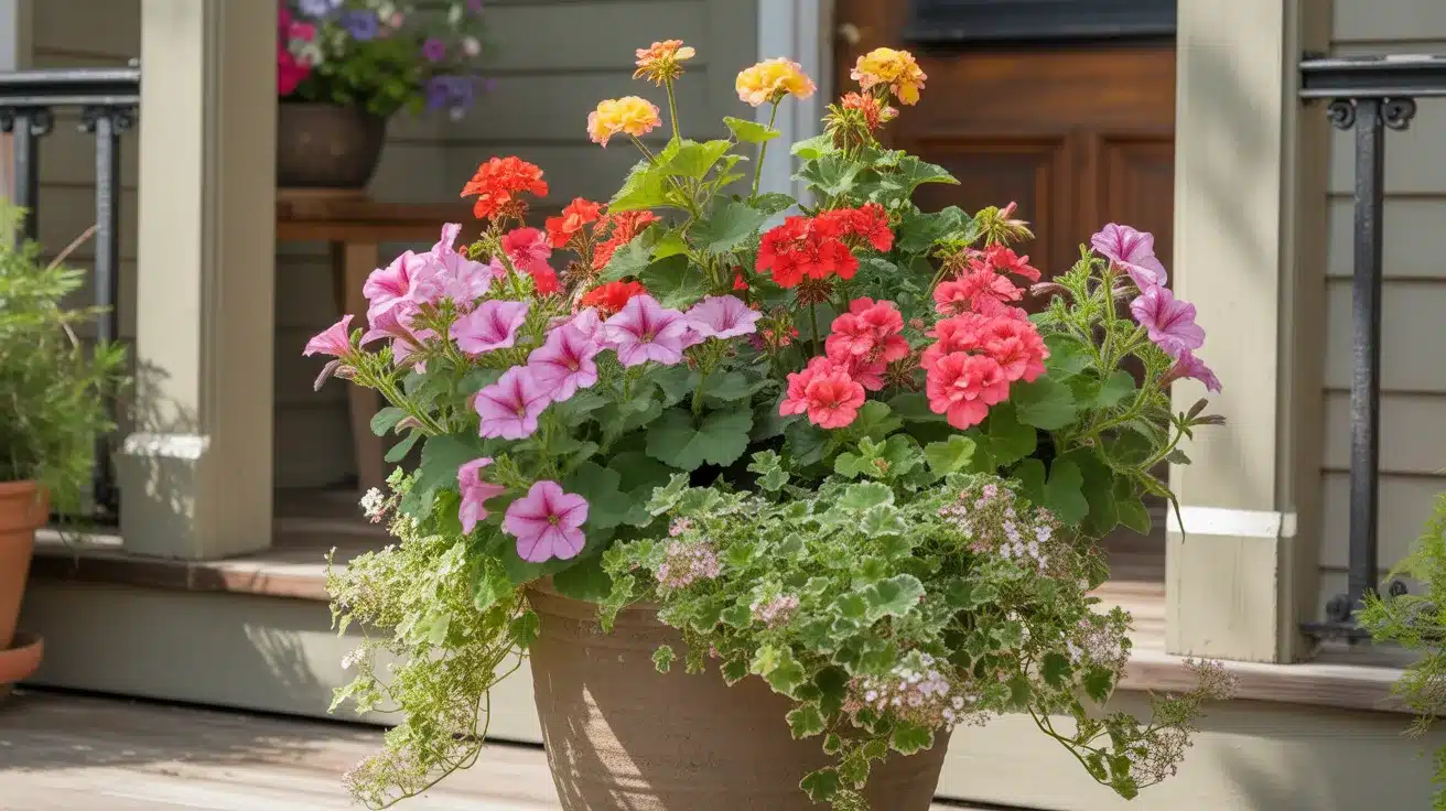 vibrant summer planter arrangement positioned on a welcoming front porch, bursting with heat-tolerant blooms in full sunlight