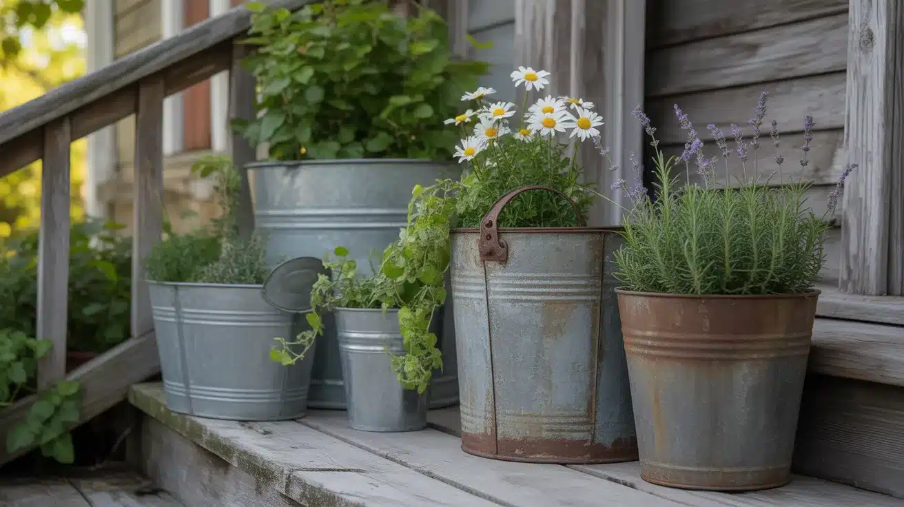 vintage metal buckets and tin cans repurposed as charming planters arranged on a welcoming front porch