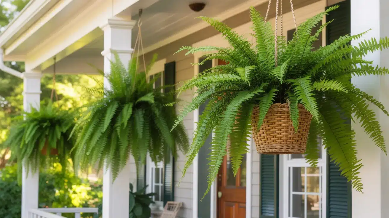 welcoming front porch featuring multiple hanging fern planters suspended from the ceiling at varying heights