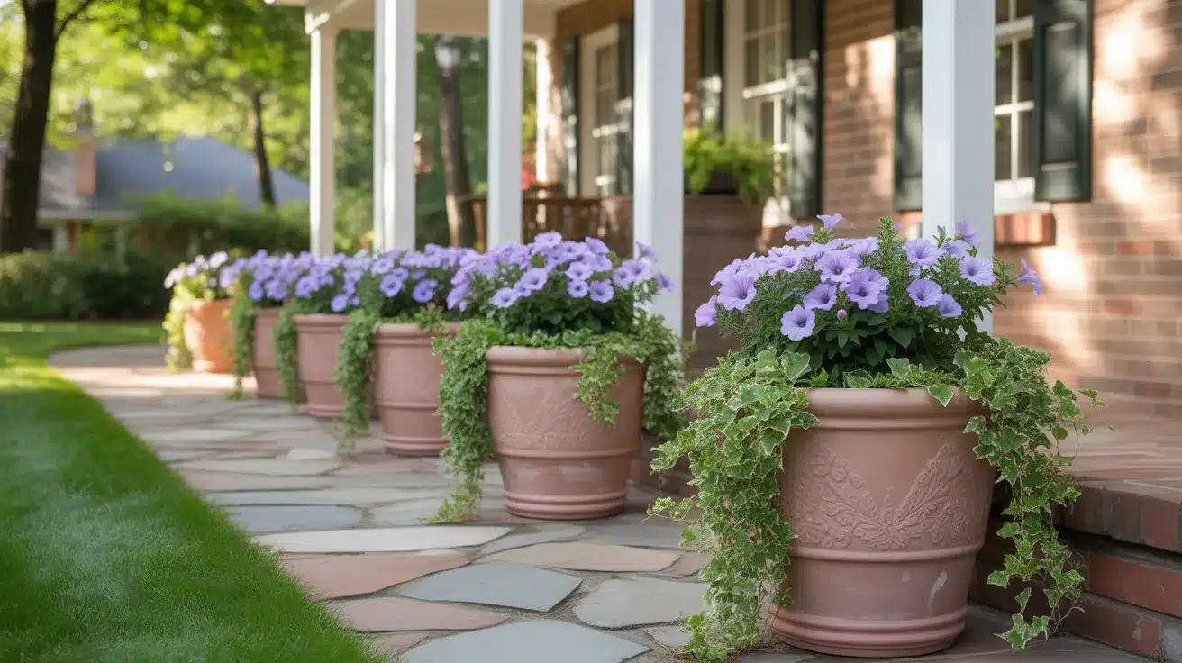 welcoming home entrance featuring a series of matching terracotta planters lined along a stone walkway leading to a front porch