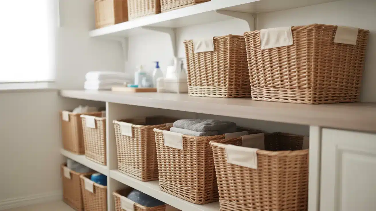 well-organized laundry room featuring a collection of matching woven storage baskets in natural beige rattan material