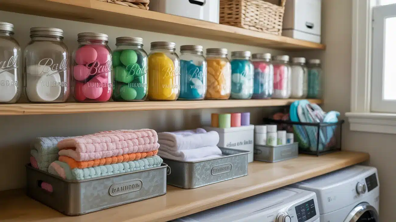 well-organized laundry room showcasing creative reuse of household items as decorative storage solutions