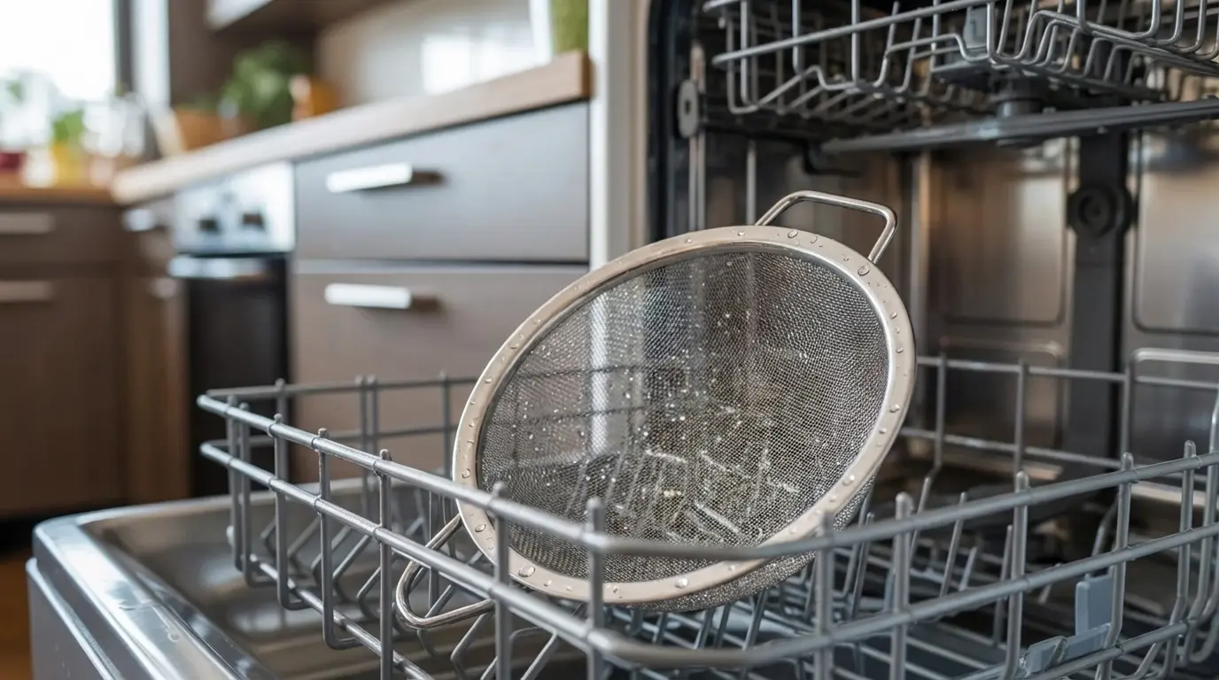wet stainless steel colander after dishwasher cycle