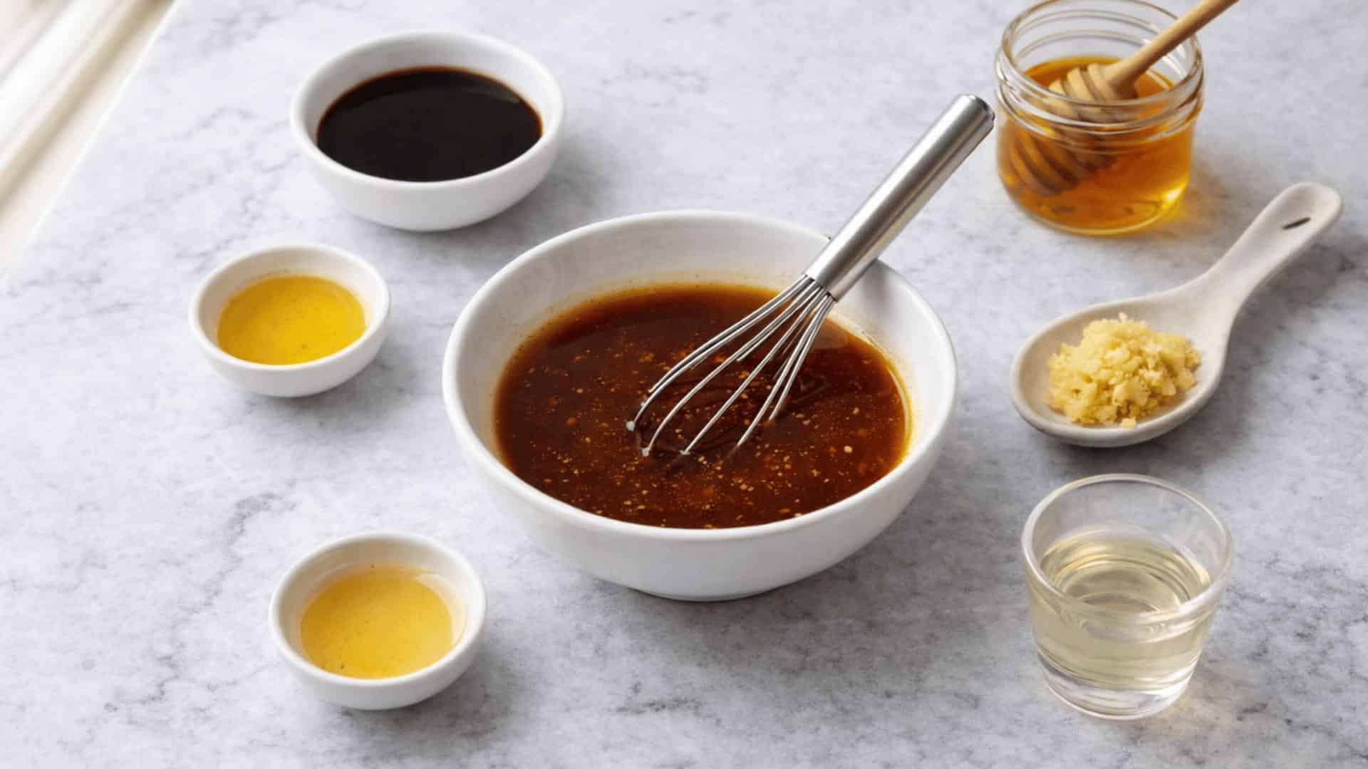 whisking asian ginger sauce in a white bowl with soy sauce, honey, sesame oil, and rice vinegar on marble