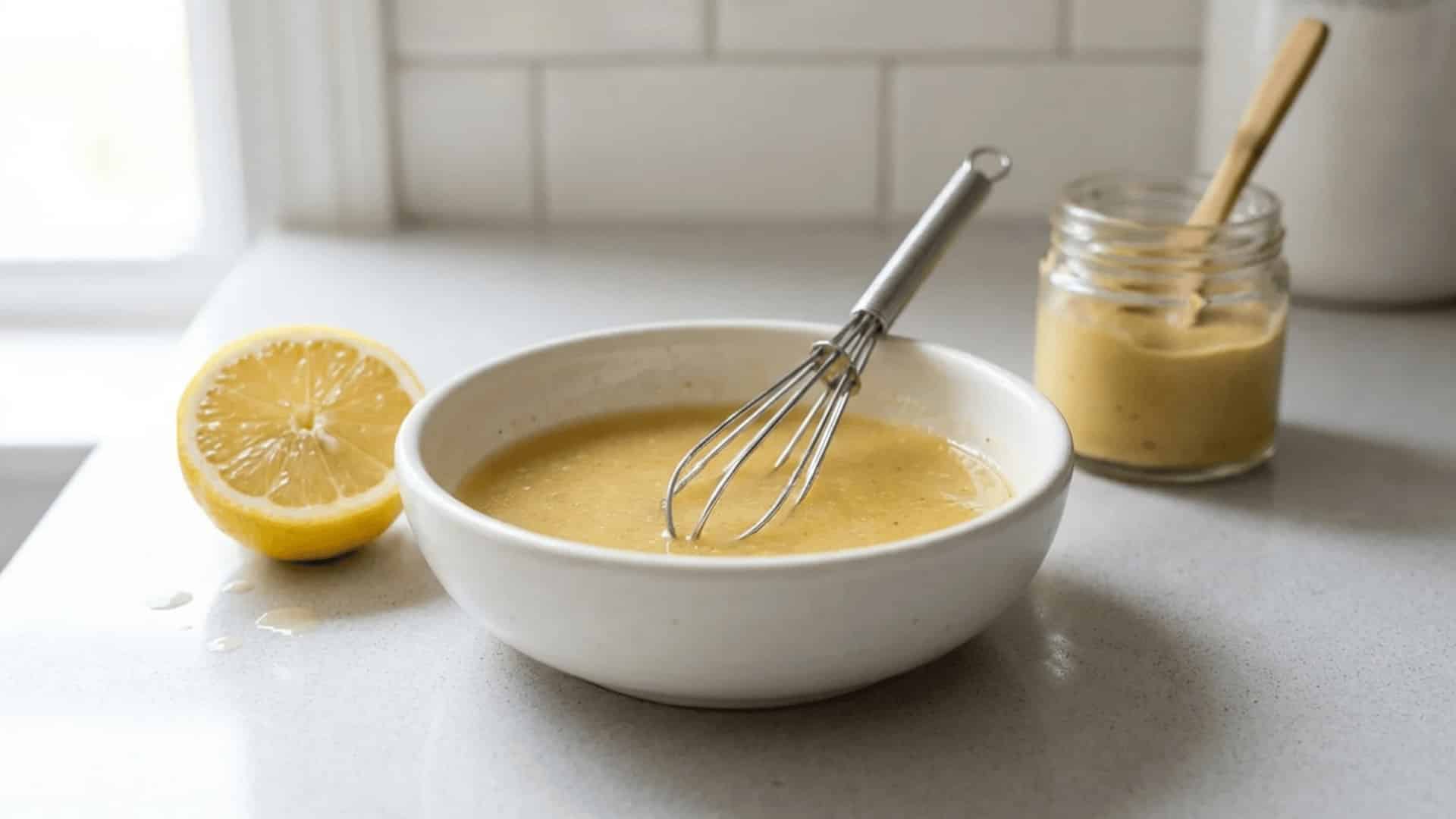 white bowl with freshly whisked lemon dressing and a whisk beside a halved lemon on a light countertop