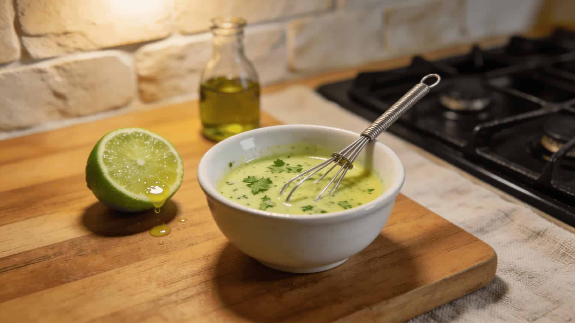 white bowl with freshly whisked lime cilantro dressing on a wooden board with a halved lime and olive oil bottle
