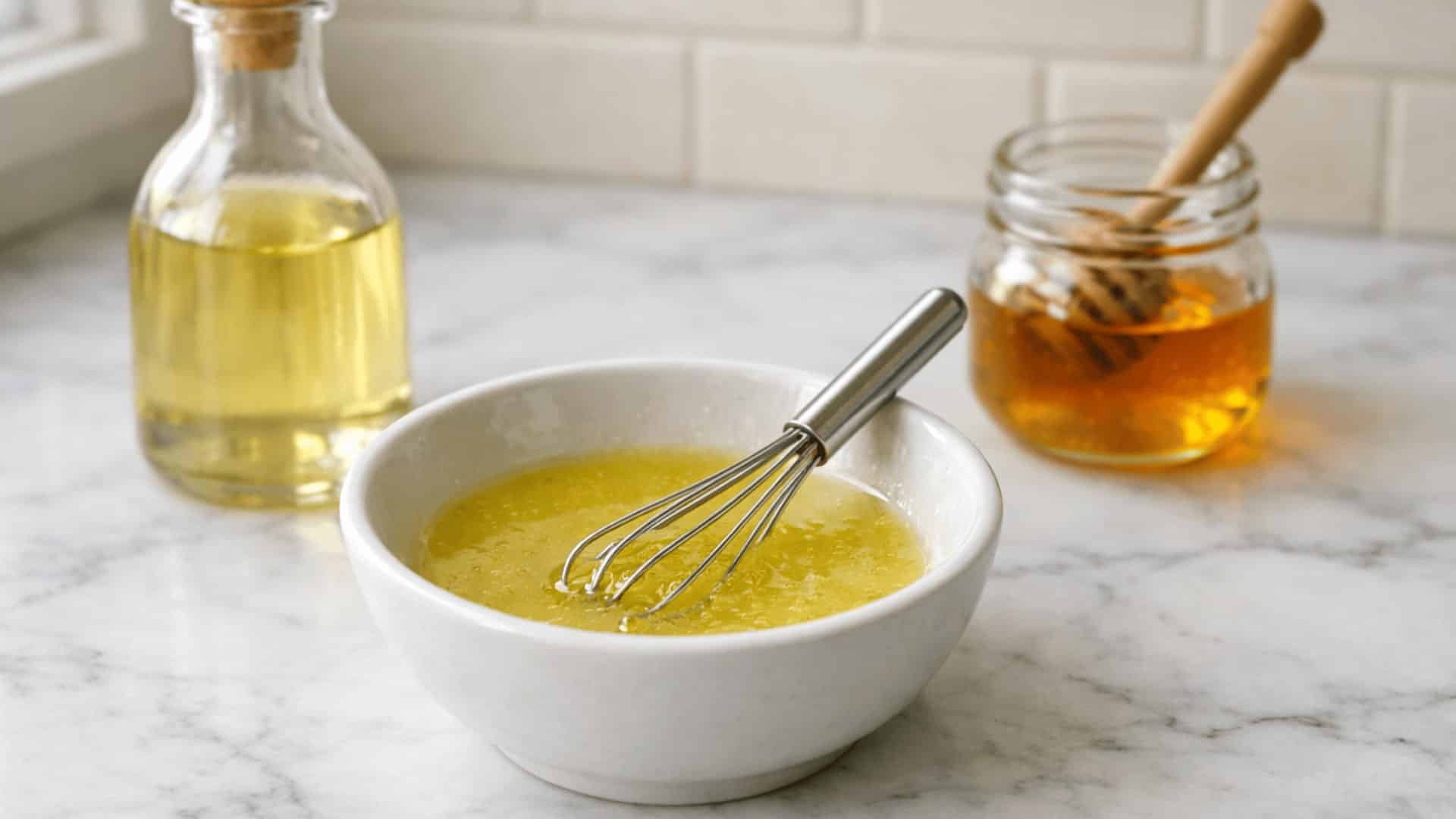 white bowl with whisked vinaigrette dressing on marble counter with olive oil bottle and honey jar nearby