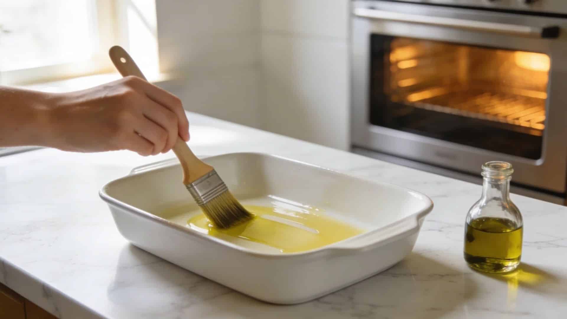 white ceramic baking dish being coated with olive oil on a marble countertop before adding fish