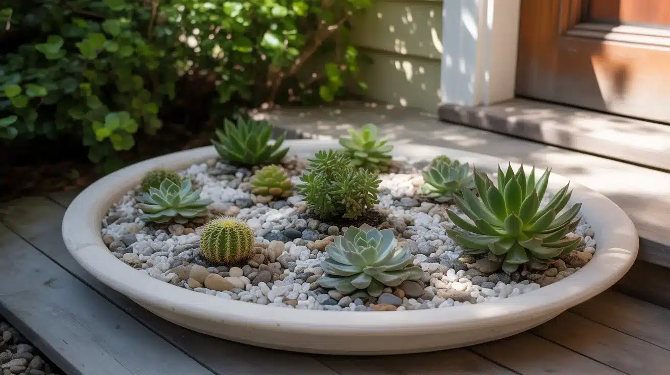 wide, shallow ceramic planter arranged on a welcoming front porch, showcasing a collection of small succulents nestled among decorative gravel