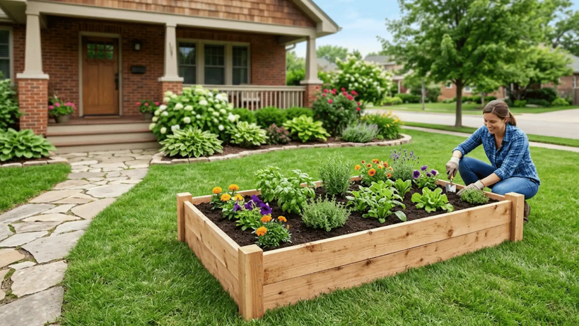 woman working in her yard for the small planters with a number of colorful pants