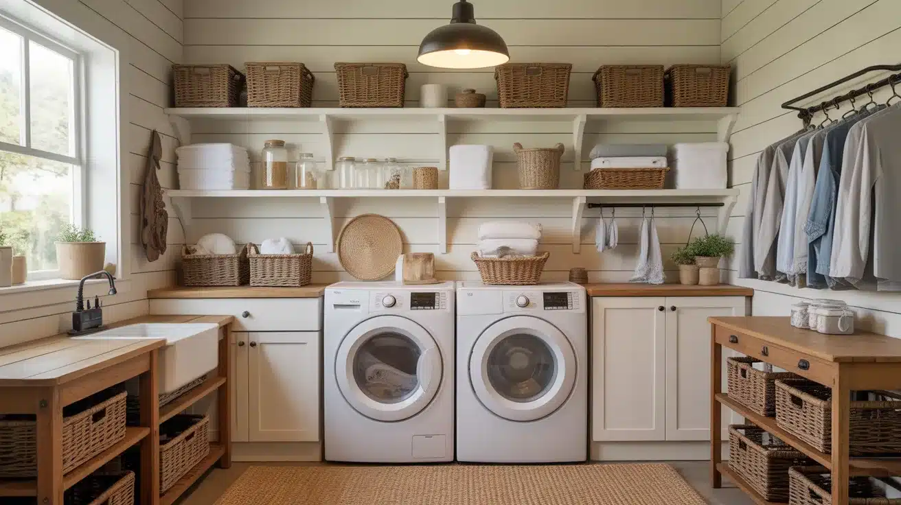 wood elements, soft colors, and simple storage pieces like baskets or jars