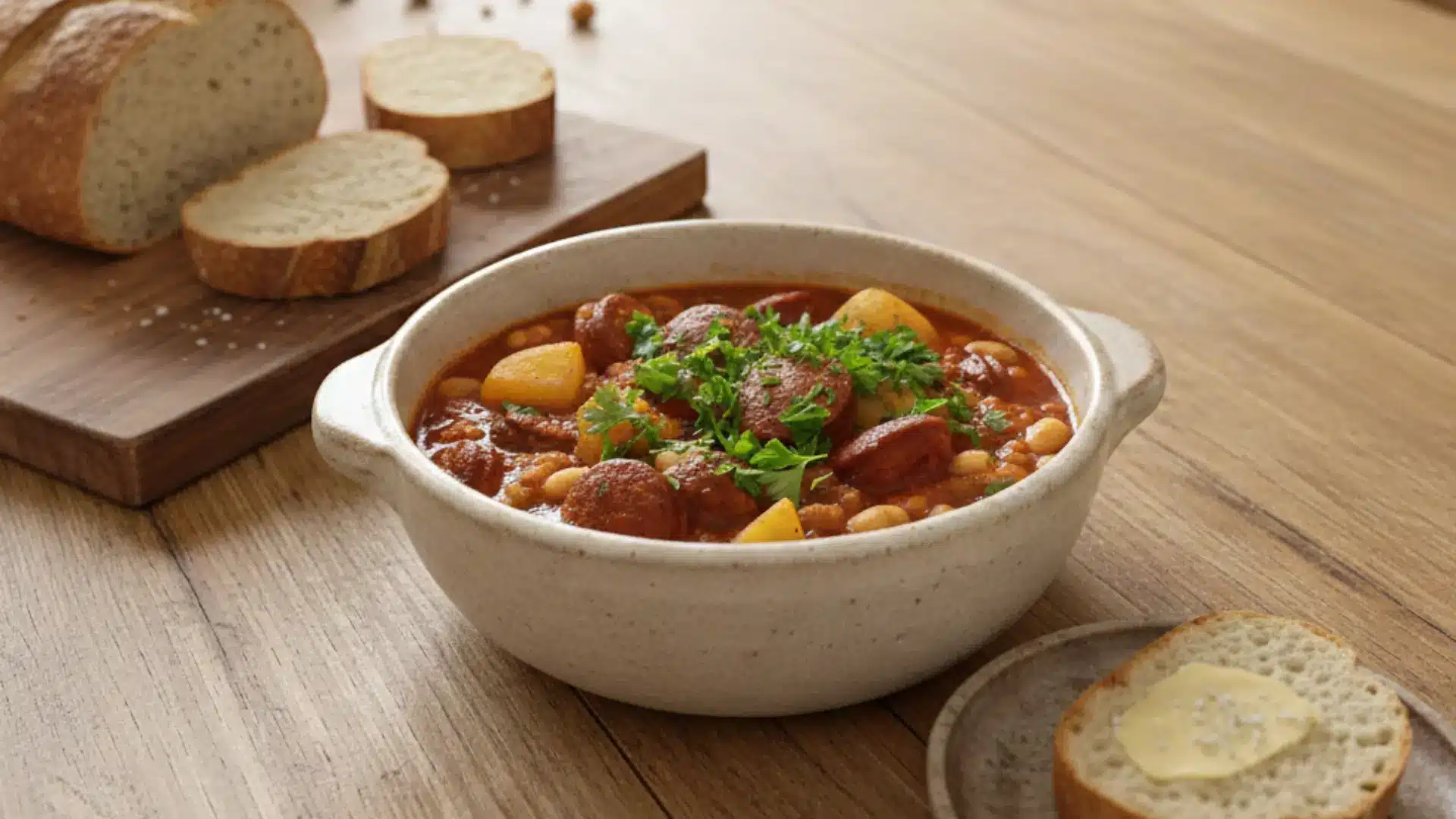 a bowl of bean and chorizo stew topped with fresh parsley on a wooden table with slices of crusty bread and butter