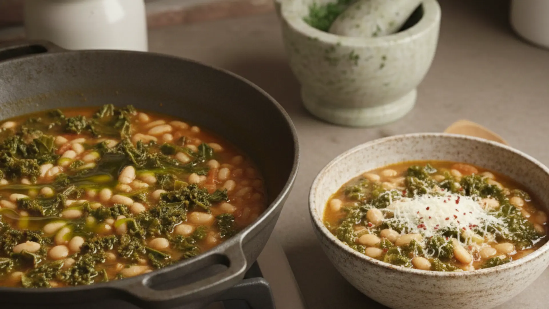 a bowl of bean and kale soup topped with parmesan cheese next to the cooking pot and a mortar and pestle