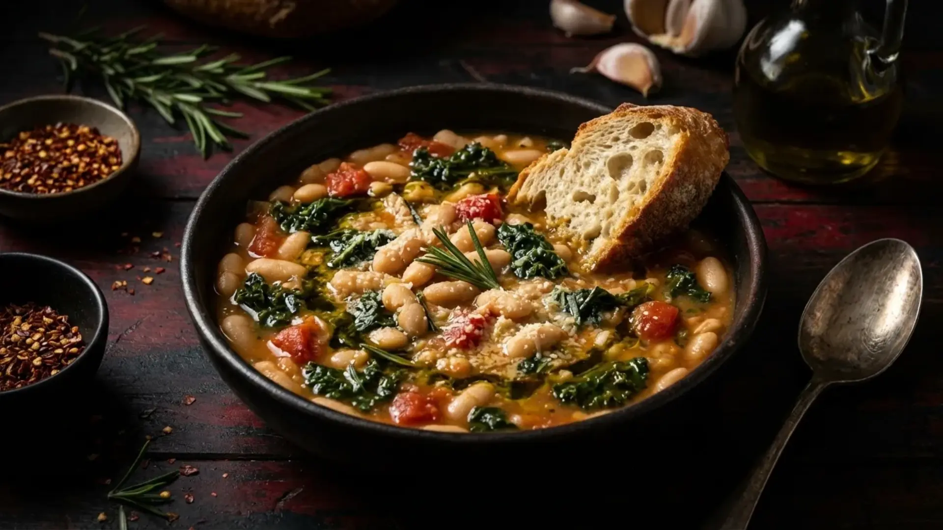 a bowl of white bean stew with kale, tomatoes, and crusty bread on a rustic wooden table with rosemary and garlic