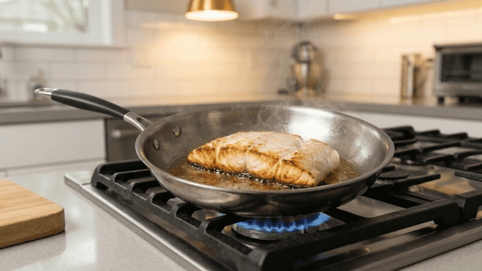 a halibut fillet being seared on pan over the stovetop in olive oil
