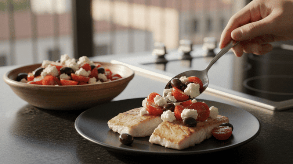 a hand spooning mediterranean salsa over baked fish fillet on a dark plate with a salsa bowl in the background