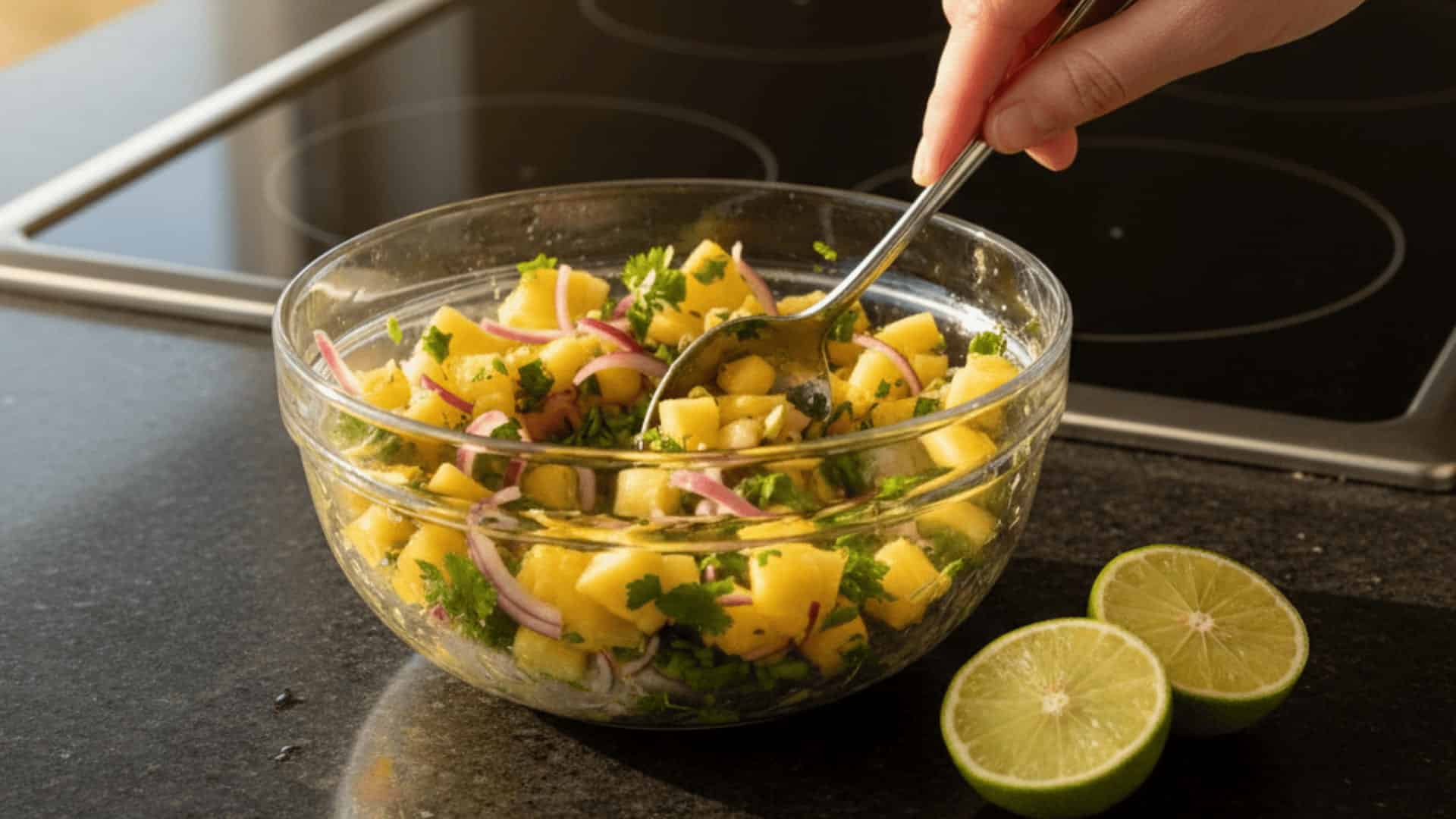 a hand stirring pineapple salsa with red onion and cilantro in a glass bowl next to two lime halves