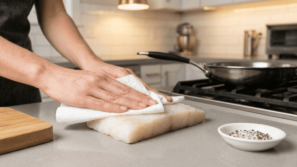 a person cleaning and patting halibut fillet to cook with seasoning on the side to use for cooking
