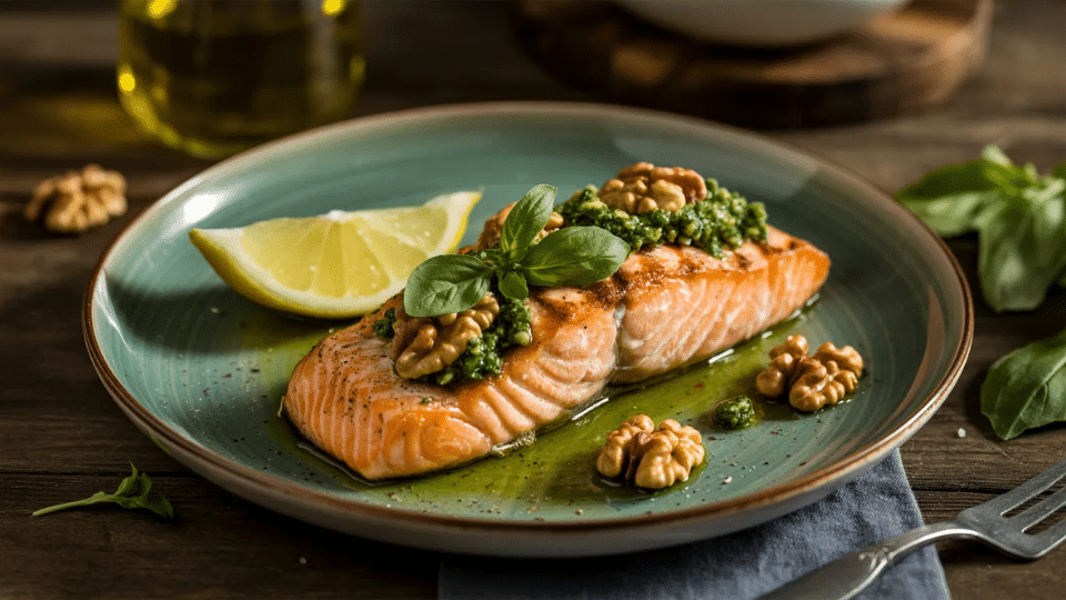 a plate with grilled salmon with walnut pestospread over it garnished with a lemon wedge and fresh herbs