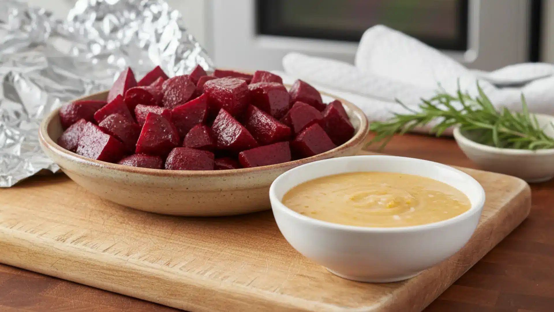 a small white bowl of creamy orange dressing next to a tan bowl of roasted beets on a wooden cutting board