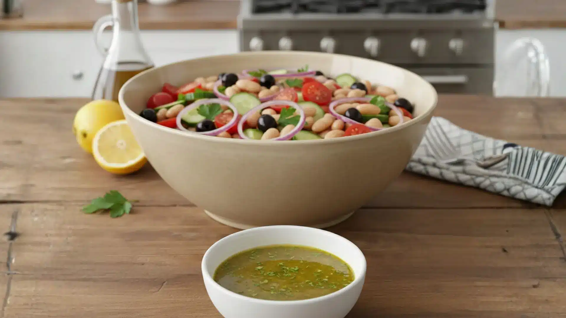 a small white bowl of green herb vinaigrette on a wooden table in front of a large bowl of mediterranean bean salad