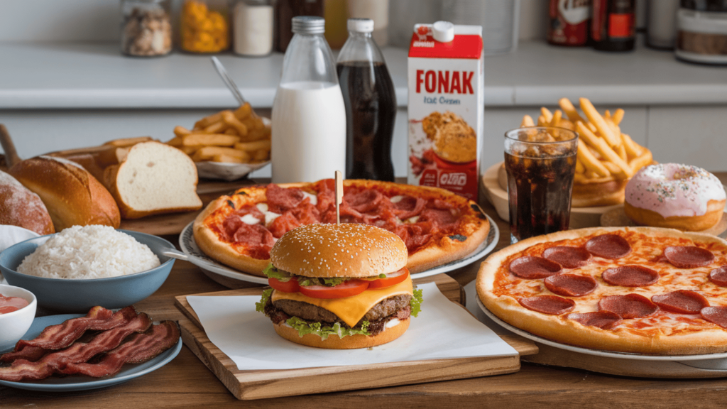 A table full of fast food like burgers, pepperoni pizzas, fries, soda, rice, bread, bacon, and a donut
