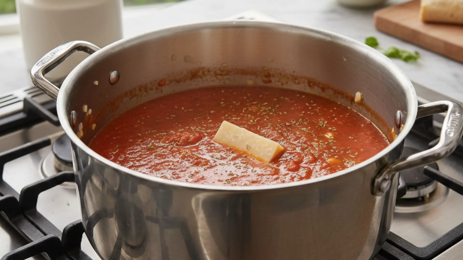 a thick tomato soup base simmering in a stainless steel pot with a parmesan rind and dried herbs on a gas stove top
