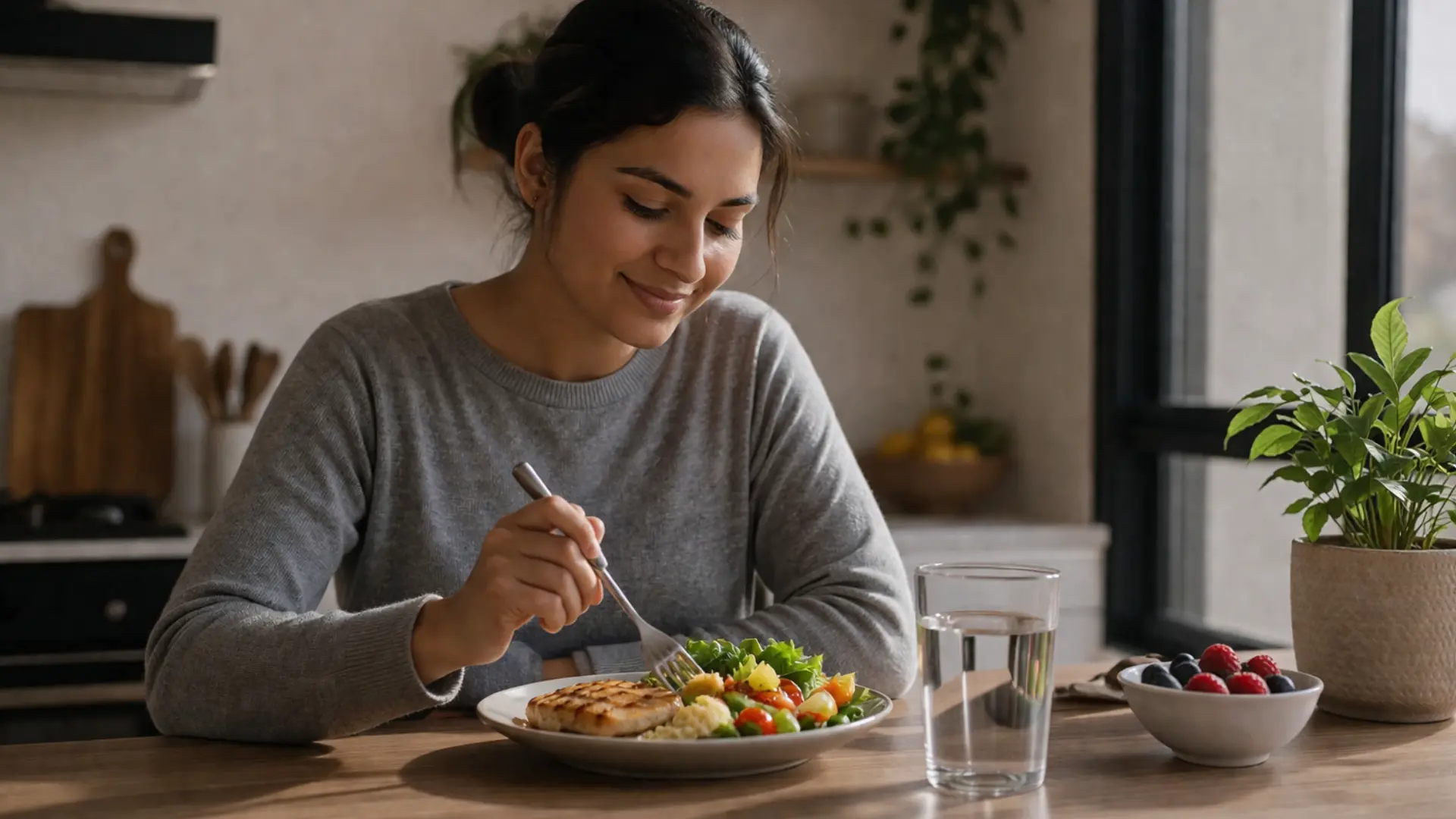 a woman eating a balanced meal with grilled chicken, vegetables, and fresh berries at a kitchen counter