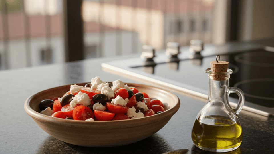a wooden bowl of cherry tomatoes, kalamata olives, and crumbled feta beside a cork-top olive oil bottle